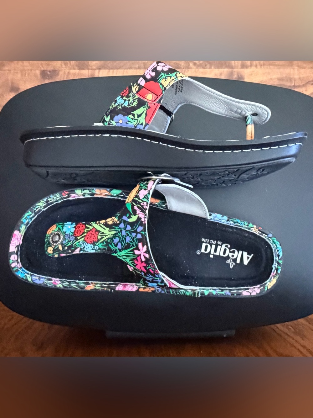 Alegria Floral Multicolor Black Platform Thong Sandals